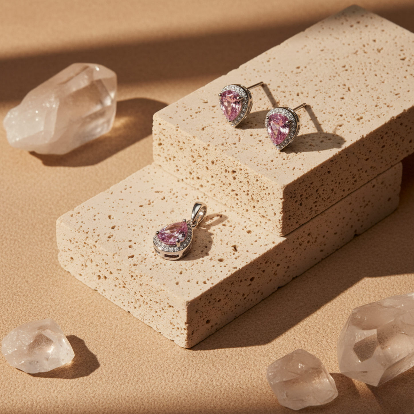 Pink Pear Halo Sterling Set