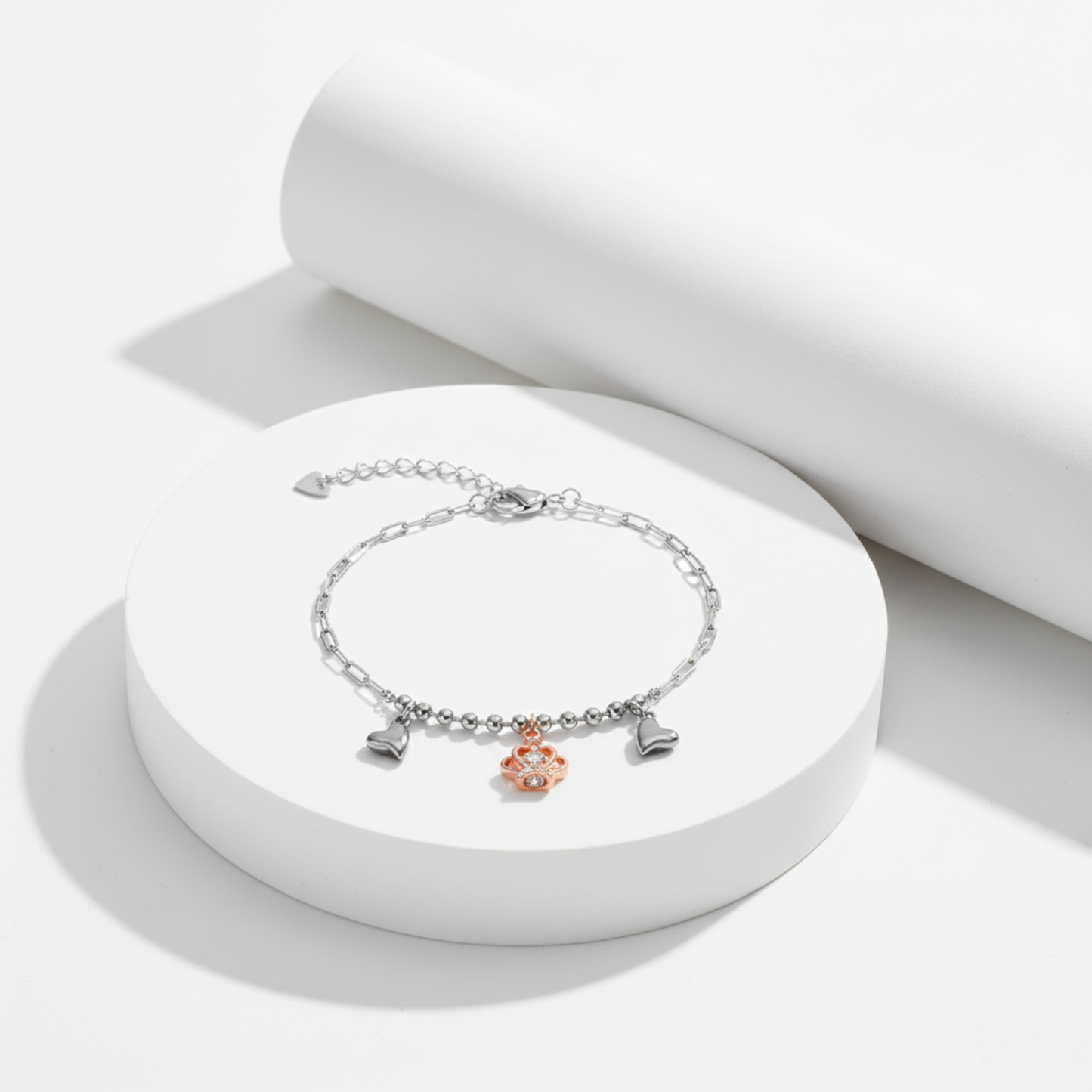 Rose Gold Crown Heart Charm Bracelet