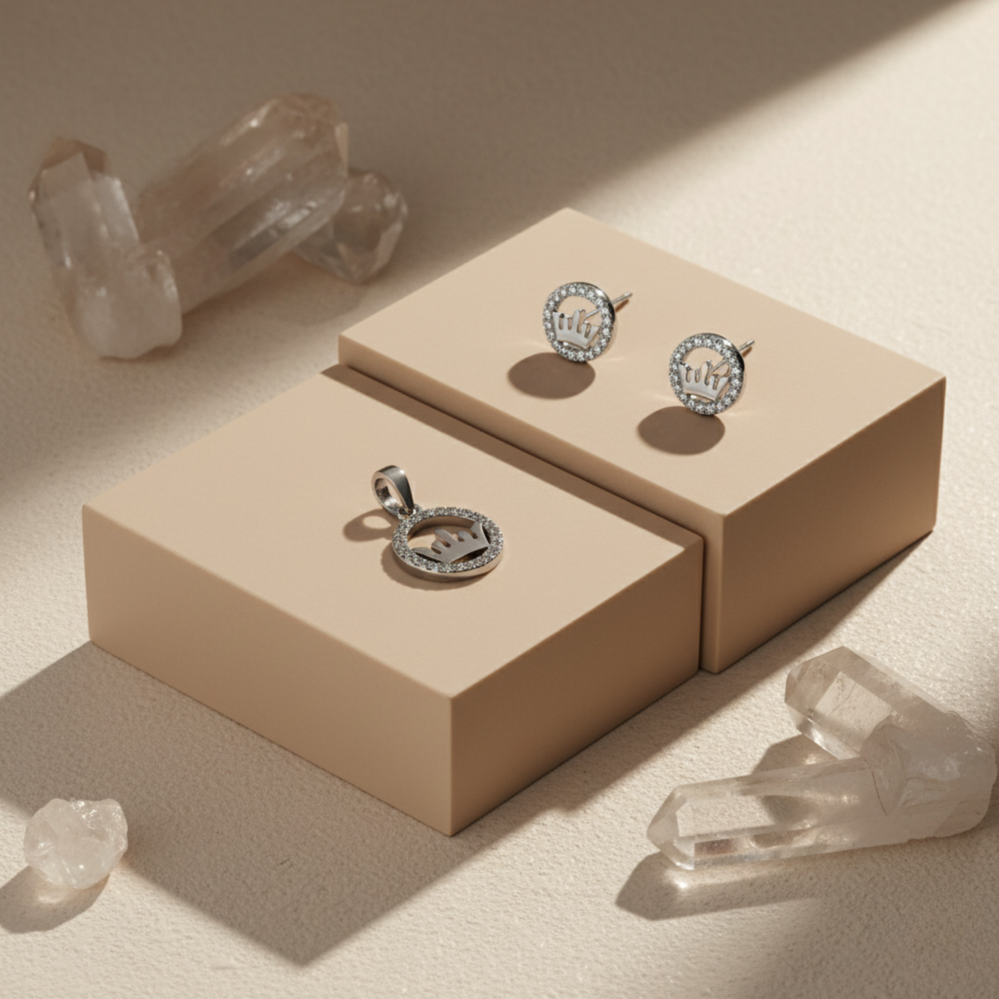 Regal Crown Pavé Halo Jewelry Set