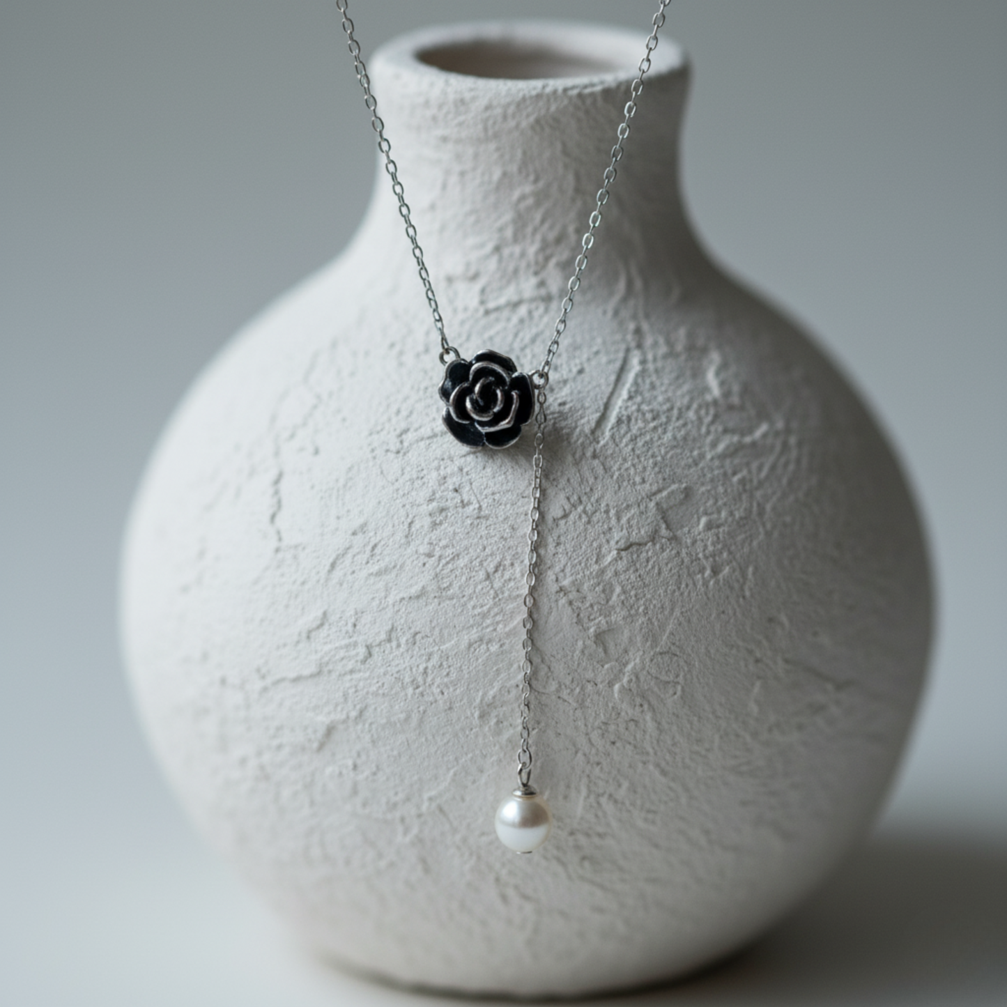 Noir Rose & Pearl Lariat Necklace