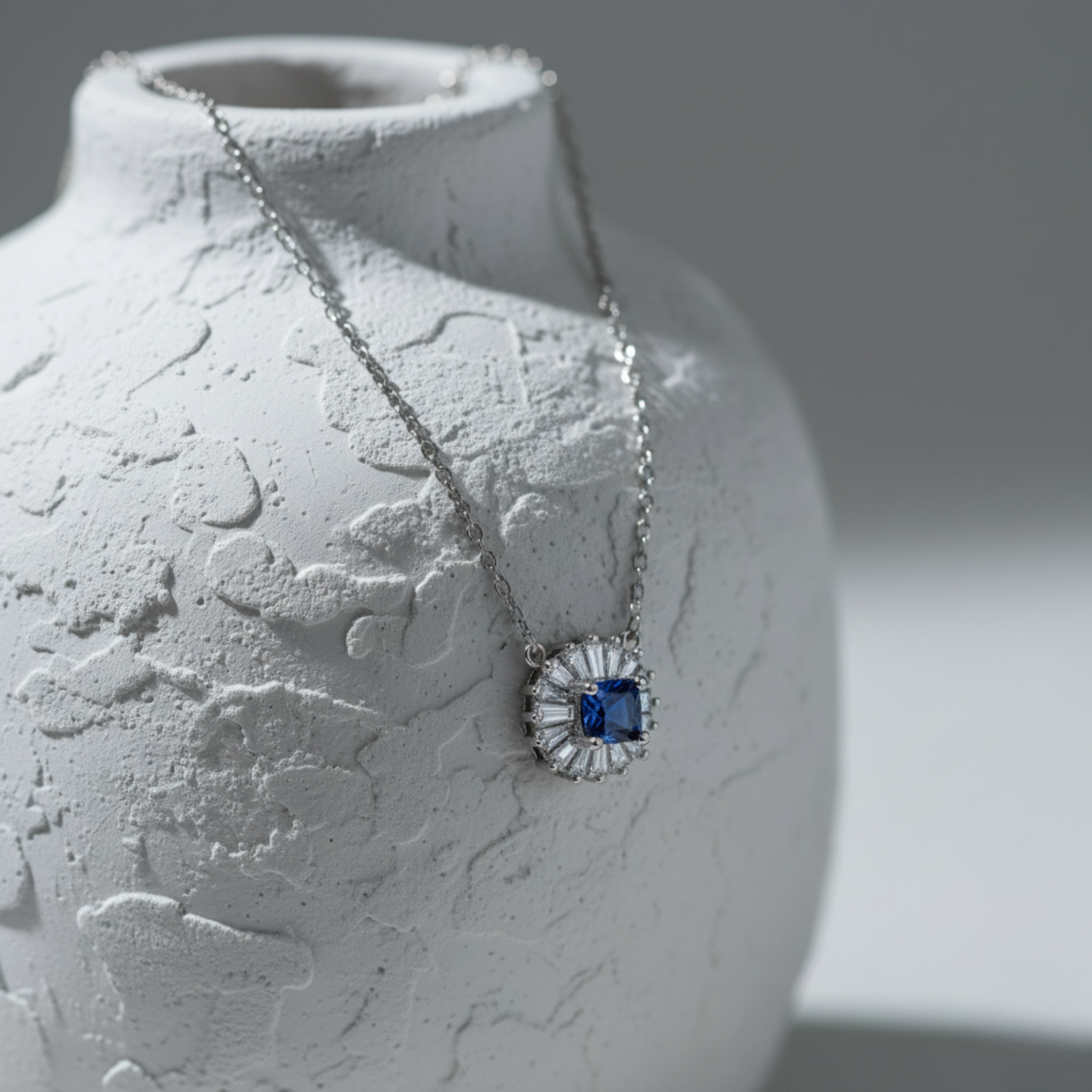 Royal Blue Baguette Halo Necklace