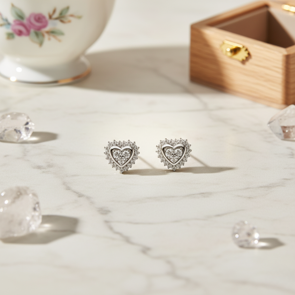 Diamond Halo Heart Studs