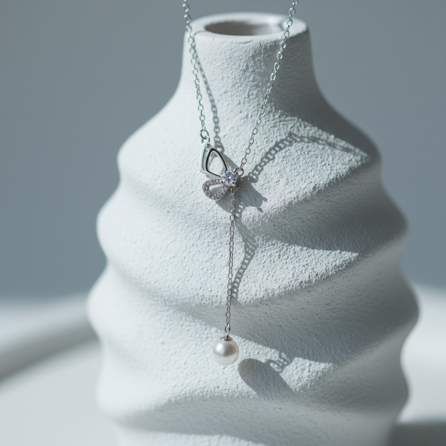 Butterfly Pearl Drop Lariat Necklace