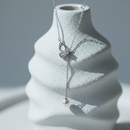 Butterfly Pearl Drop Lariat Necklace