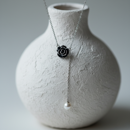 Noir Rose & Pearl Lariat Necklace