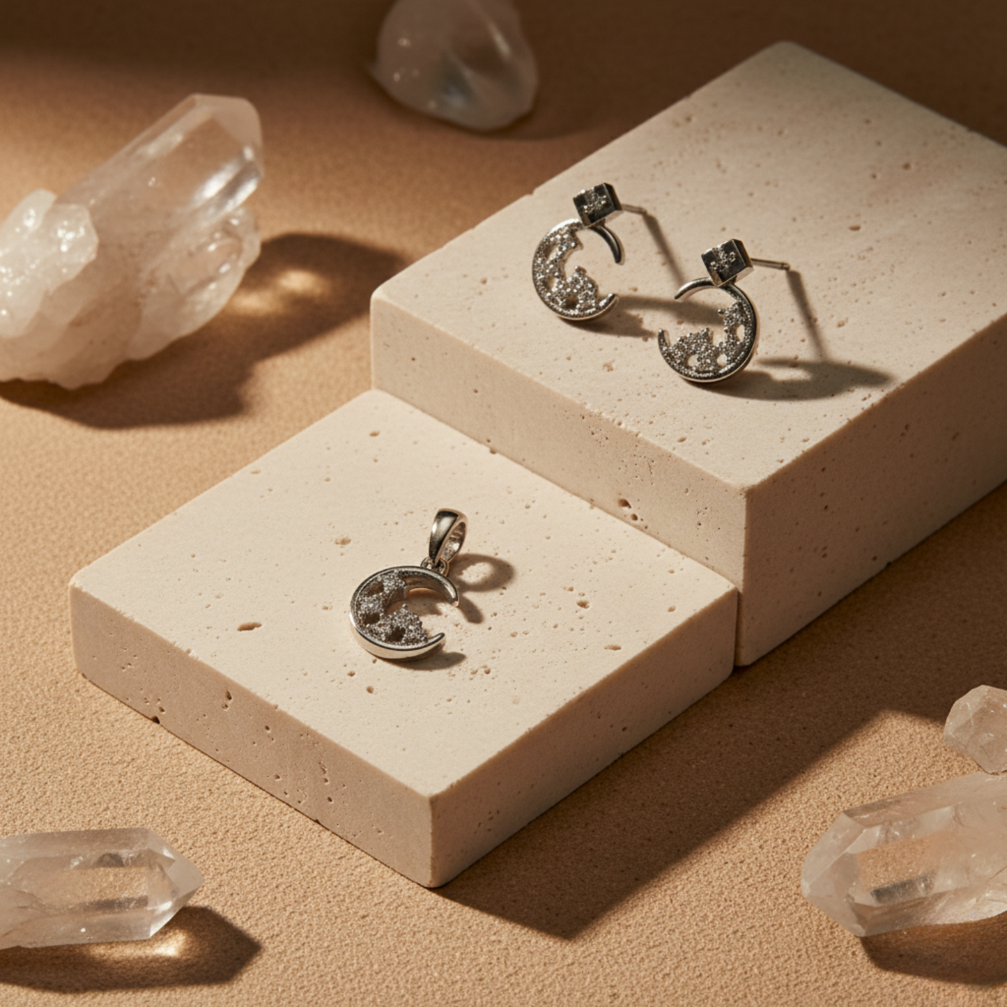 Starlight Crescent Moon Sterling Set