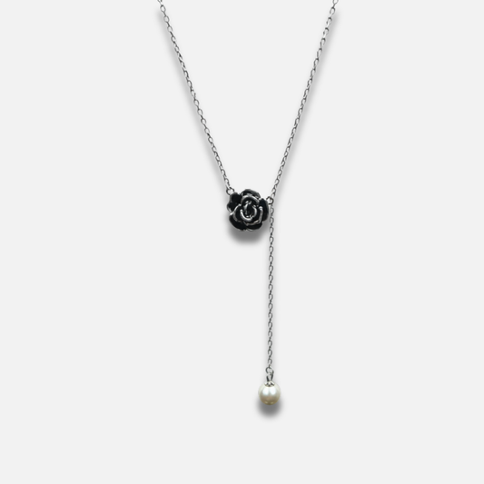 Noir Rose & Pearl Lariat Necklace
