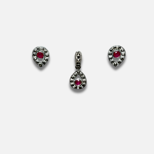 Vintage Ruby & Marcasite Teardrop Set