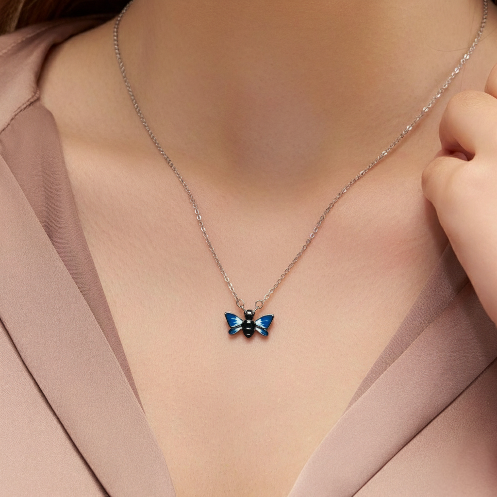 Blue Enamel Cicada Pendant Necklace