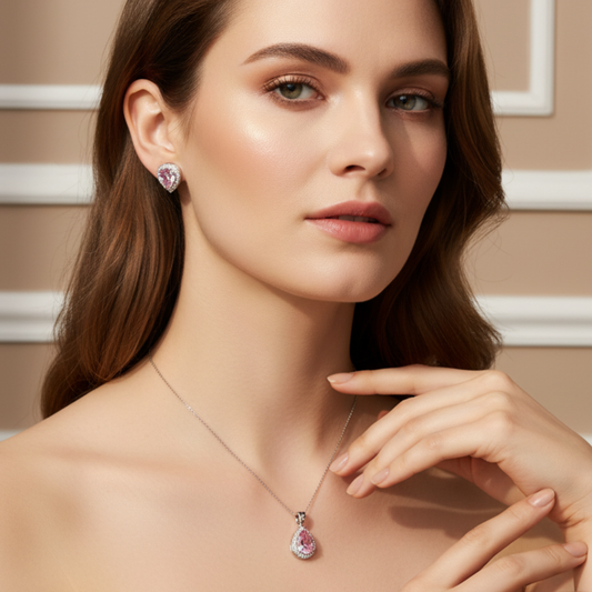 Pink Pear Halo Sterling Set