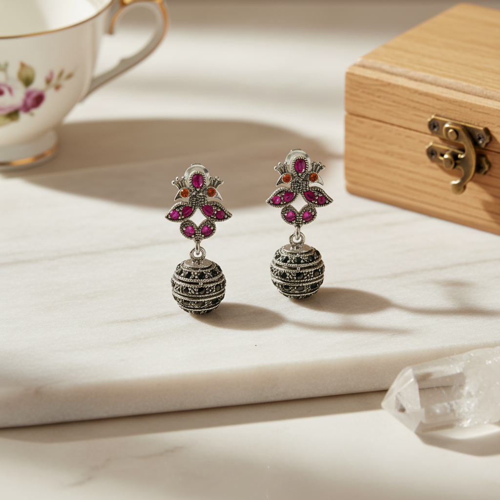 Victorian Marcasite Ruby Drop Earrings