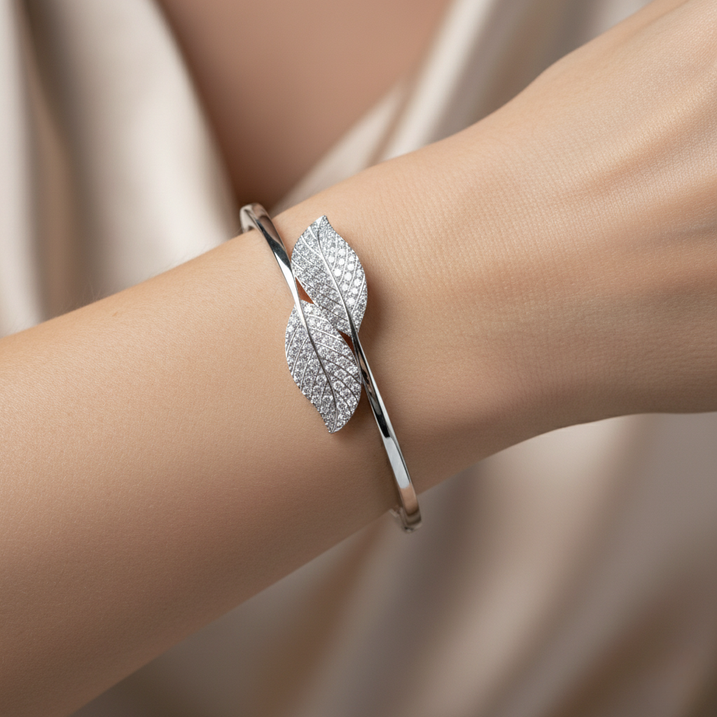 Pave Leaf Embrace Rigid Bracelet