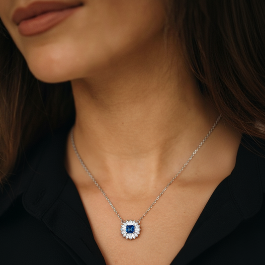 Royal Blue Baguette Halo Necklace