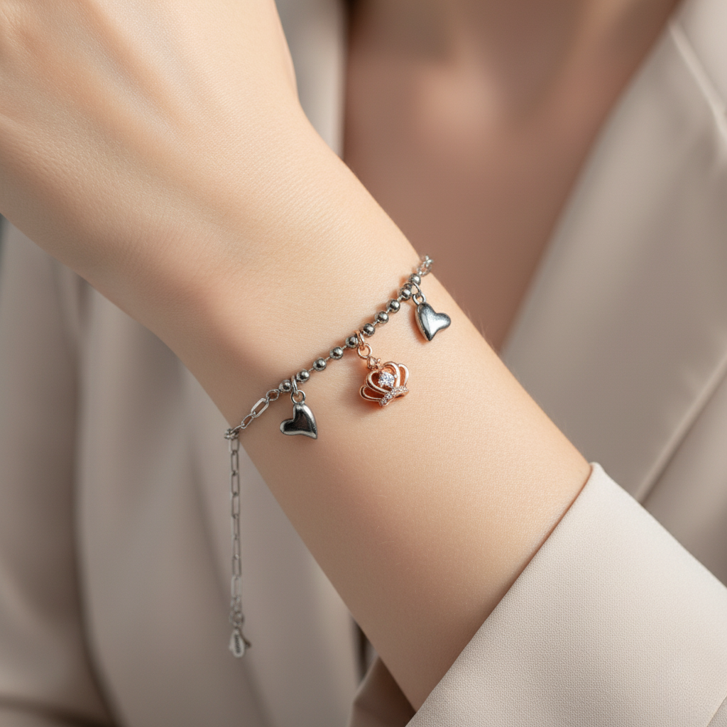 Rose Gold Crown Heart Charm Bracelet