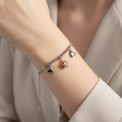 Rose Gold Crown Heart Charm Bracelet