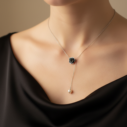 Noir Rose & Pearl Lariat Necklace