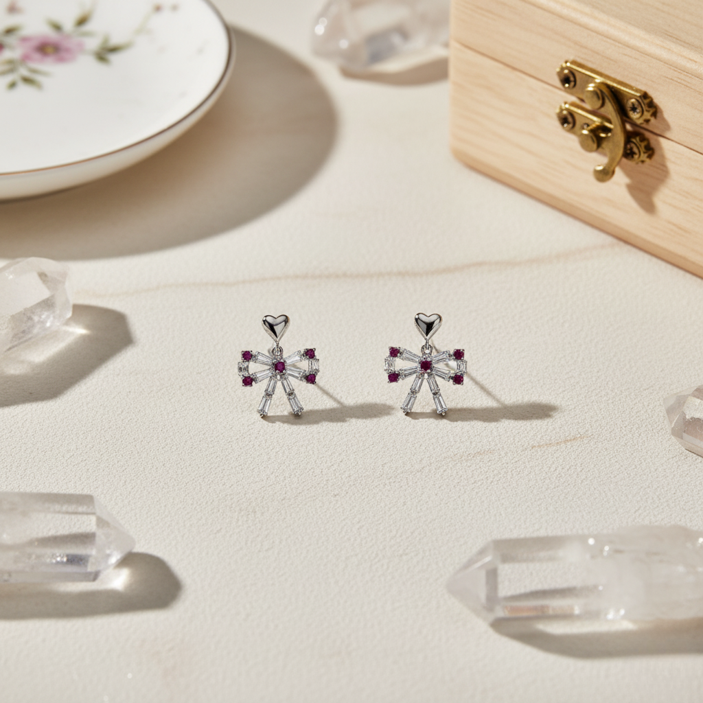 Ruby Bow Baguette Drop Earrings